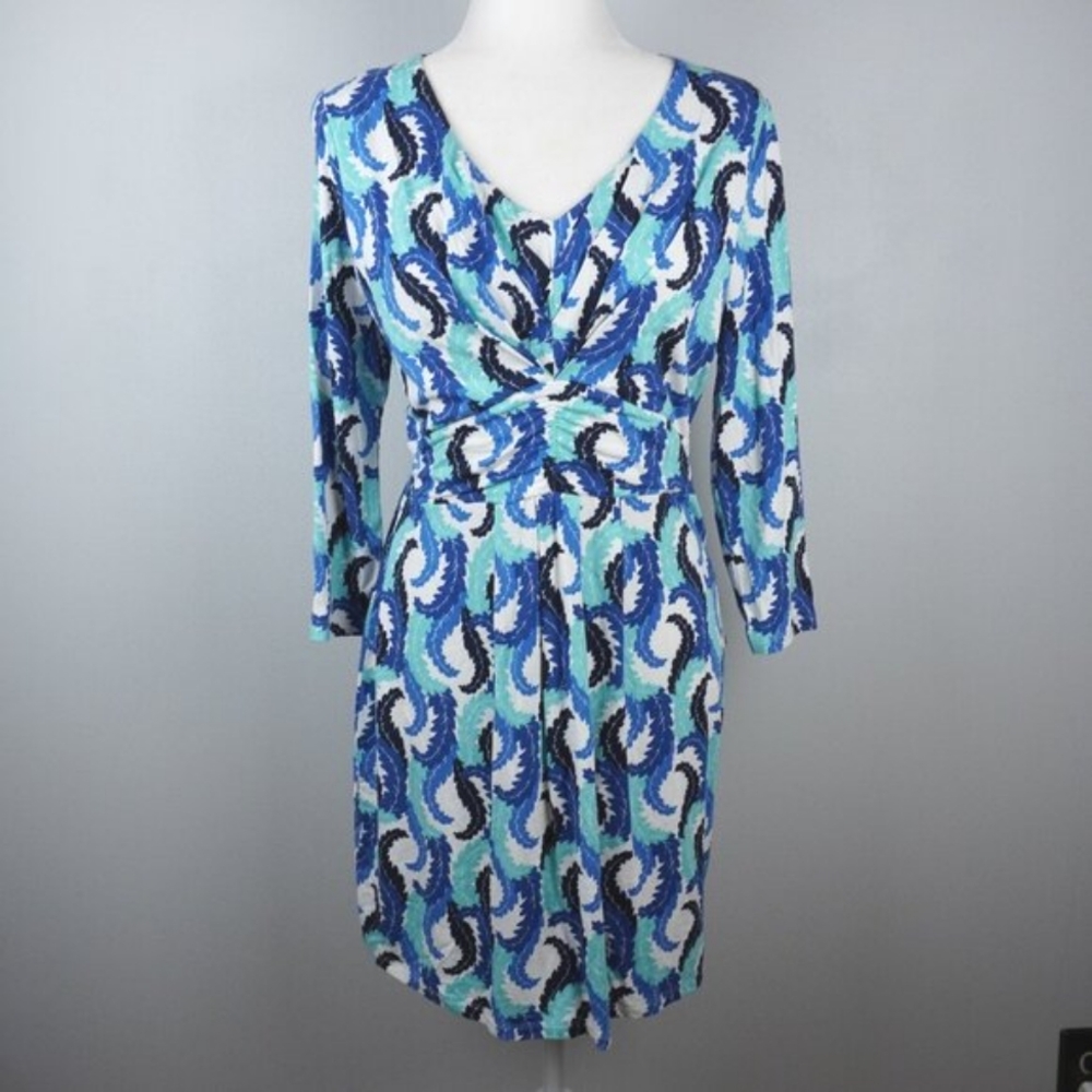 Boden Blue and Aqua Ruched V-Neck Midi Slip Summer Dress Size 10